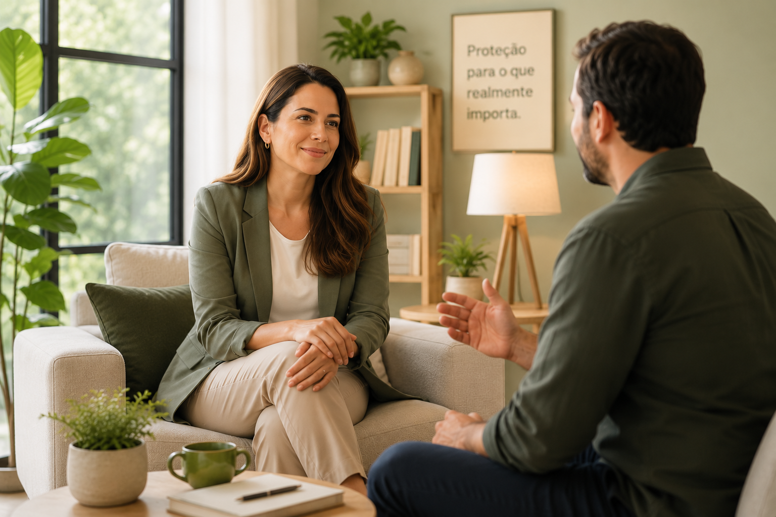 Duas pessoas conversando com calma e confiança em uma sala de estar iluminada